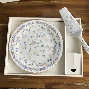 Porcelain Floral Cake Plate and Server - White with Blue & Purple Floral Pattern